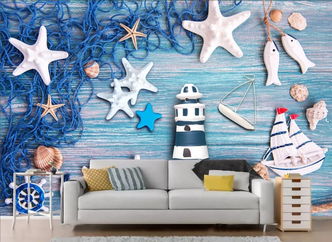 Papier peint intisse panoramique bleu effet 3D avec motif coquillage et phare