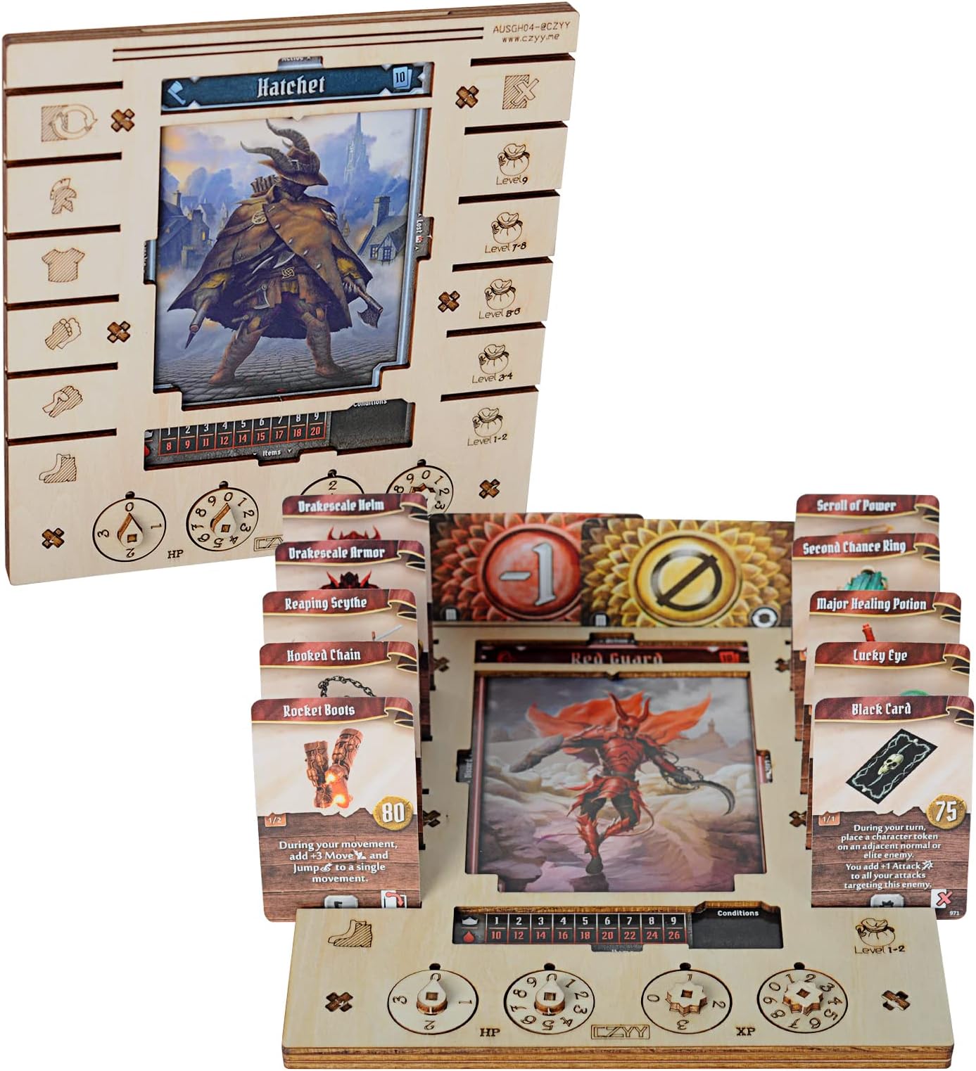 CZYY JOTL Player Character Dashboard with HP & XP Dial Trackers Set of 2 Birch Plywood Hero Organizer Saving Your Table Space Great for Gloomhaven Jaws of the Lion