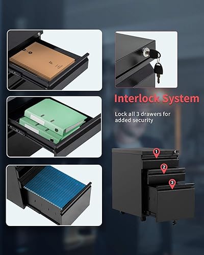 Miniatura 4 de Gabinete de archivo de metal con 3 cajones Gabinete de archivo móvil con ruedas Gabinete de oficina móvil sobre ruedas para tamaño A4 Cartas de