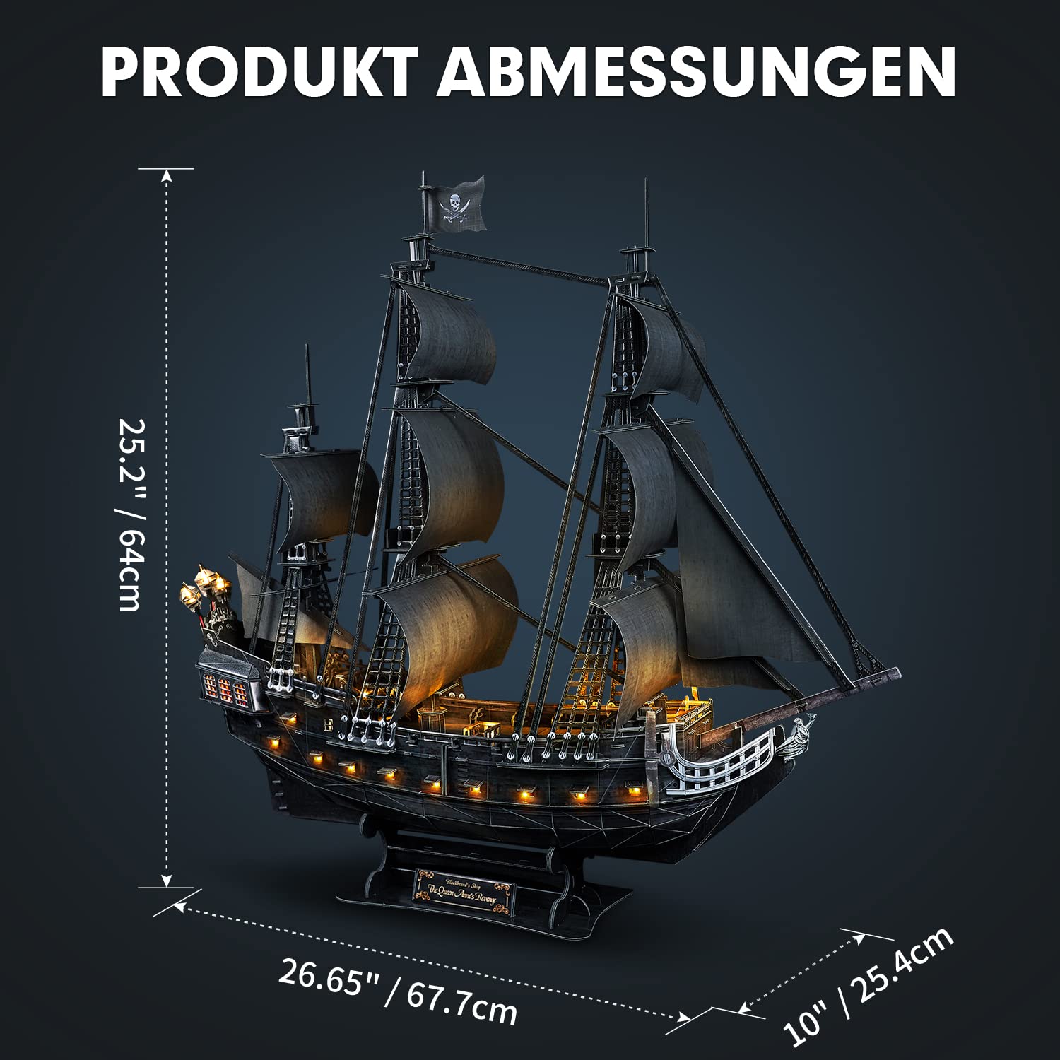 CubicFun Puzzle 3D LED 68 cm Black Pearl – Modell eines Bootes der Queen Anne's Revenge, Geburtstagsgeschenk für Erwachsene, 340 Teile