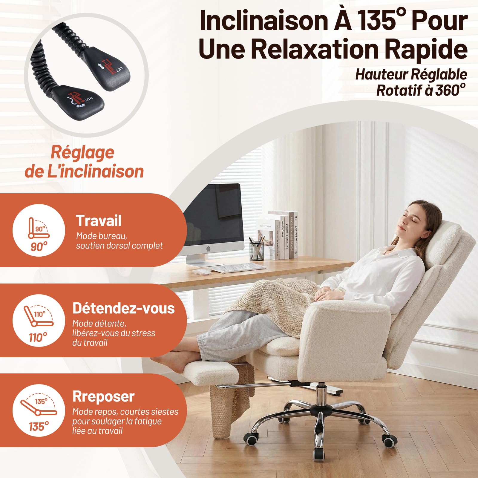 Chaise de Bureau Ergonomique avec Accoudoirs Réglables 5 Niveaux, Repose-Pieds, Soutien Lombaire, Hauteur Réglable, 200kg, Blanc