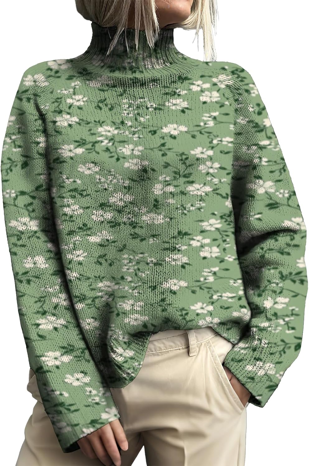Turtleneck Sweater for Women Floral Print Causal Knitted Chunky Pullover Sweaters 2025 Fall Winter Jumper Tops
