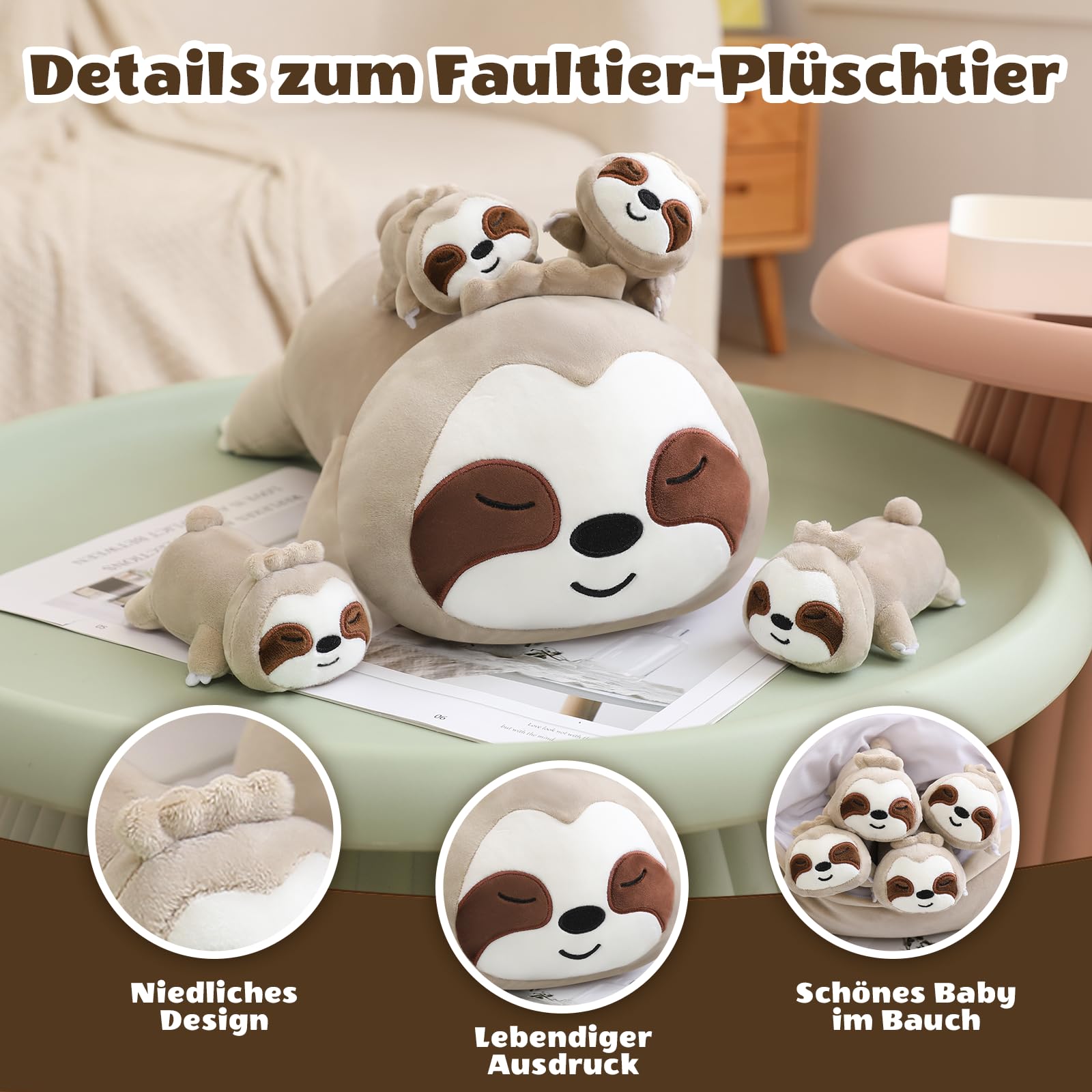 SQEQE Sloth Plushies Stuffed Animals with 4 Babies, Cute Sloth Plush Pillow Soft Toy Birthday Gifts for Girls Boys