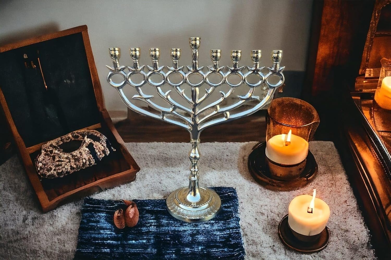 Hanukkah Menorah - 9 Branches Gold Brass Hanukkiah | Modern Tree Branch Design with Circles | Fits Standard Candles | Judaica Gift | 10.5" Tall