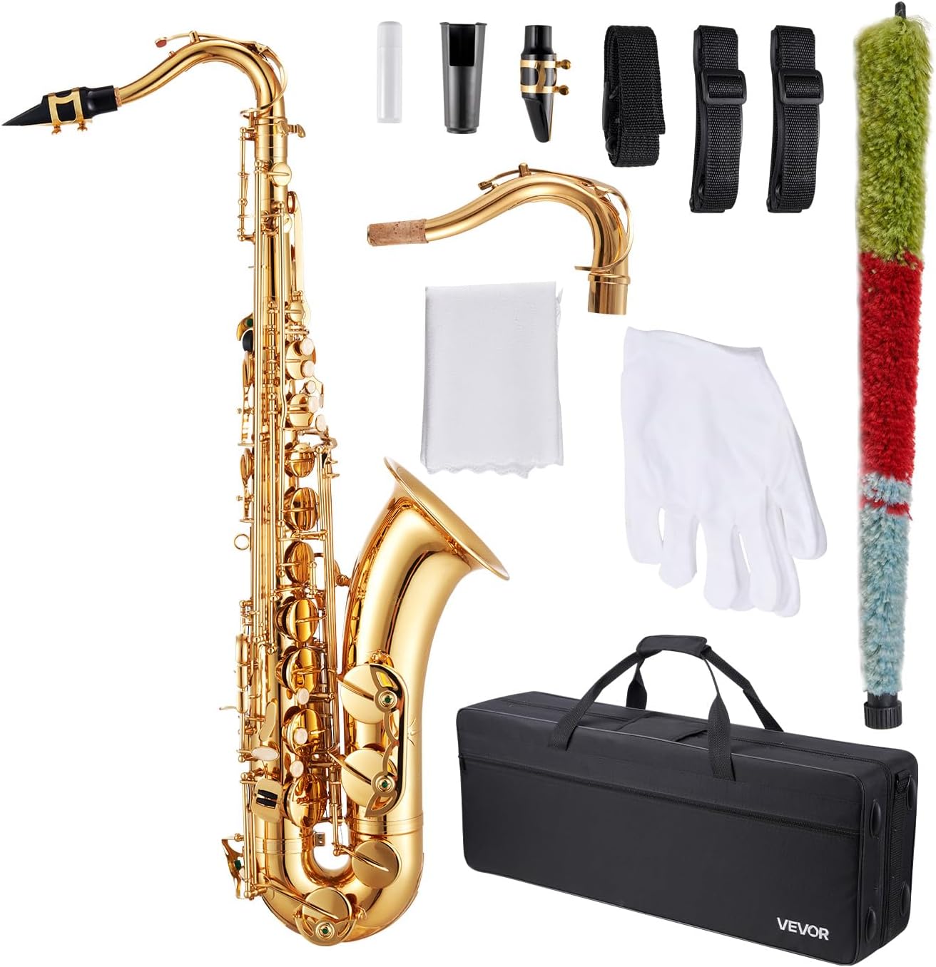 VEVOR Tenor Saxophone, B Flat, Professional Brass Saxophone Beginner Kit with Carrying Case, Mouthpiece, Straps, Cleaning Cloth, Gloves, Neck Strap, 23 Keys Tenor Sax Kit, for Beginners Students, Gold