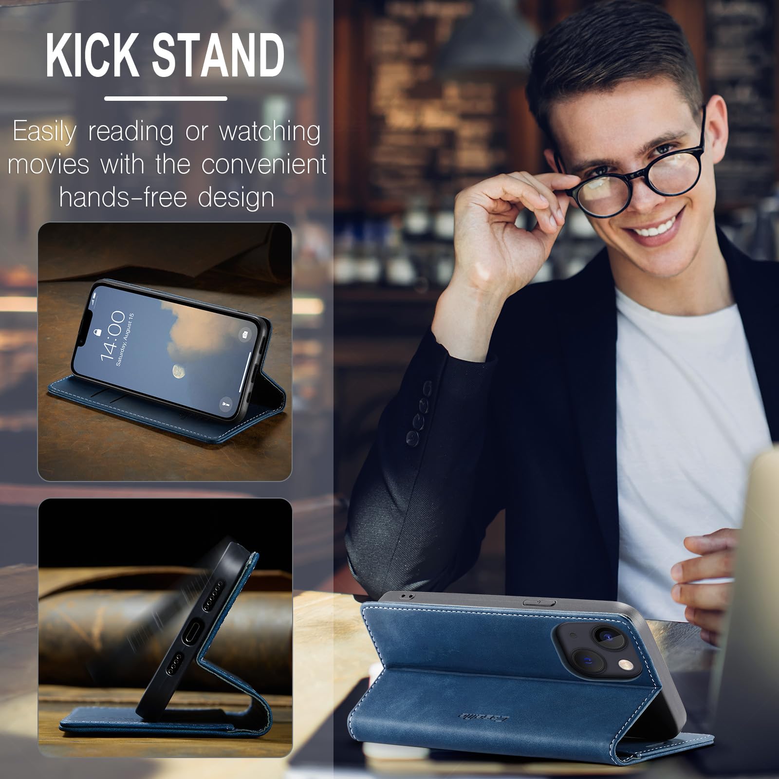 Samokor Cover per iPhone 13 5G Pelle Flip Custodia Cavalletto Portafoglio Magnetica Carta Fessura Antiurto per iPhone 13 5G,Blu