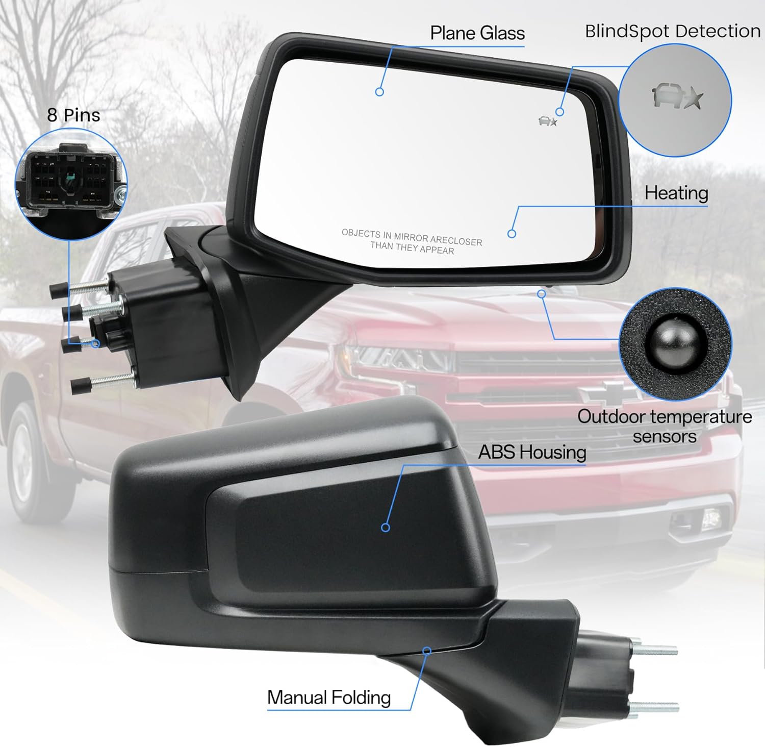 Passenger Right Side Door Mirror for 2019-2024 Chevy Silverado 1500, with Heated Power Glass and BSM Blind Spot Light Temperature Sensor Manual Folding (8 Pins)