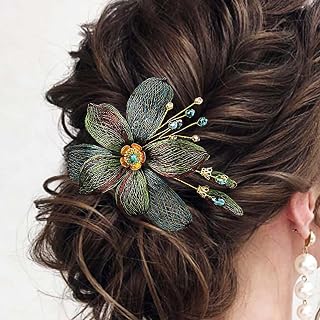 Campsis Wedding Bride Flower Hair Clips, Green Copper Wire Barrettes Crystal Hair Piece, Bridal Prom Hair Accessories for Women