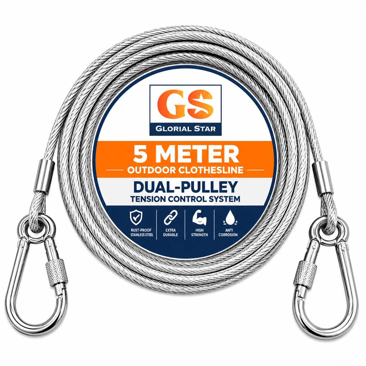 Outdoor Clothesline Wire Rope with Carabiner Hooks | Heavy Duty Stainless Steel Laundry Drying Line | Rust Proof Clothesline for Balcony, Garden, Backyard & Camping (5 Meter)-image-23