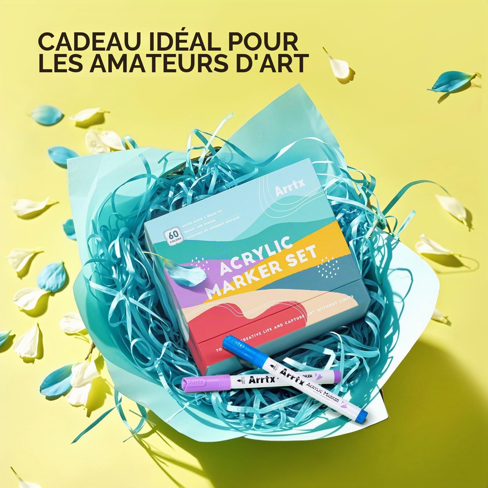 Arrtx Marqueurs acryliques 60 C, couleurs scéniques, pointe pinceau, encre à base d'eau, stylos de peinture résistants à l'eau, marqueurs d'art pour peinture sur roche, pierre, bois, céramique, toile