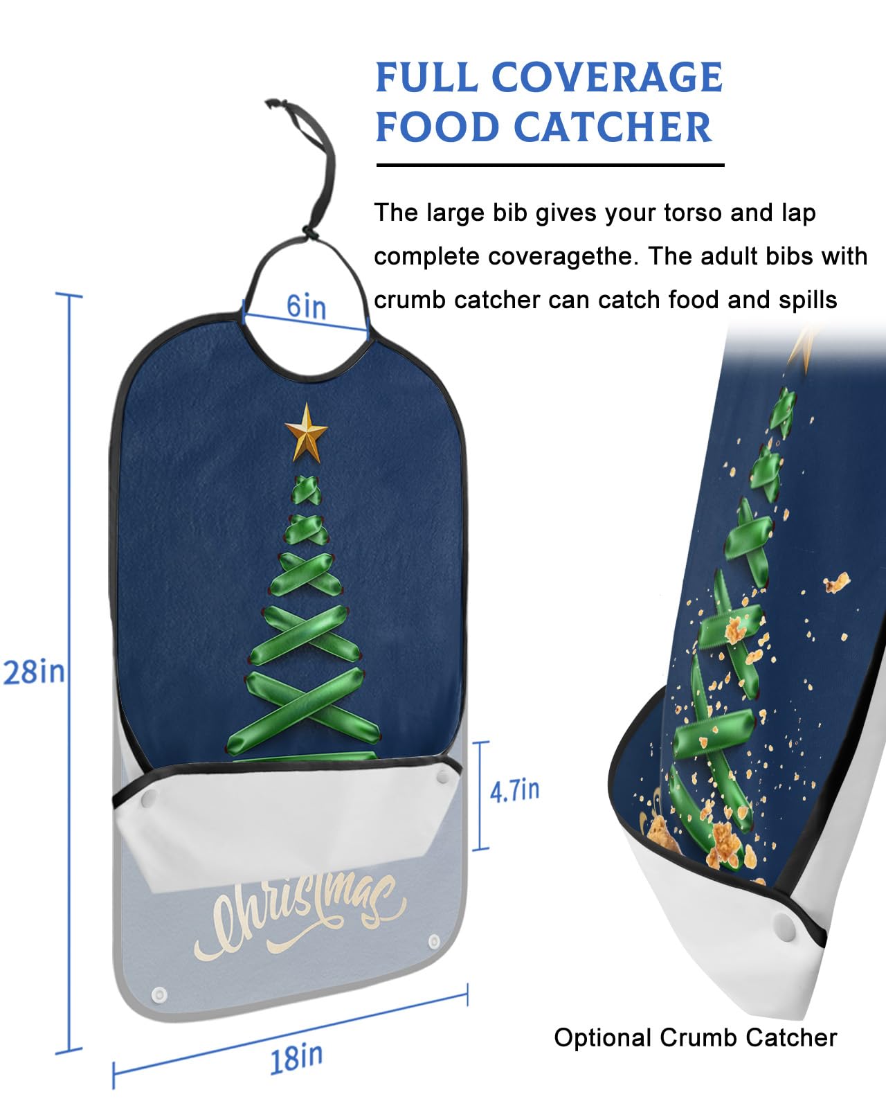 LEOKOTI Navy Blue Christmas Tree Adult Bibs for Eating, Waterproof Bibs with Food Catcher & Adjustable Snap Closure, Green Xmas Tree Merry Christmas Washable Clothing Protectors Adult Bibs for Elderly