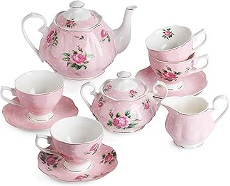 Brew To A Tea BTaT- Floral Set, cups (8oz), Pot (38oz), Creamer and Sugar Set, Gift box, China Set, Sets for Women, Cups and Saucer Set