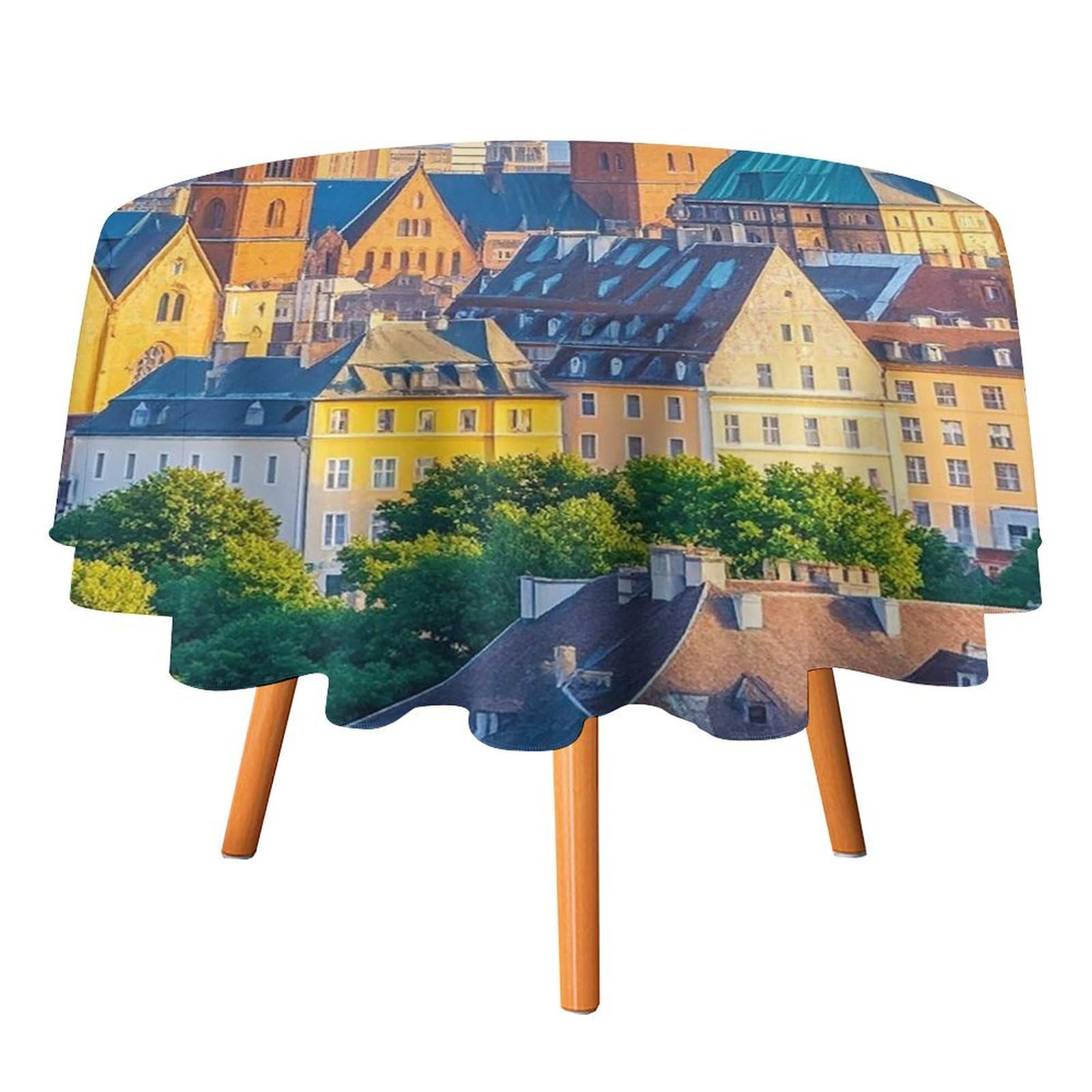 Nappe ronde imprimée lavable en machine pour simplifier l'entretien du salon