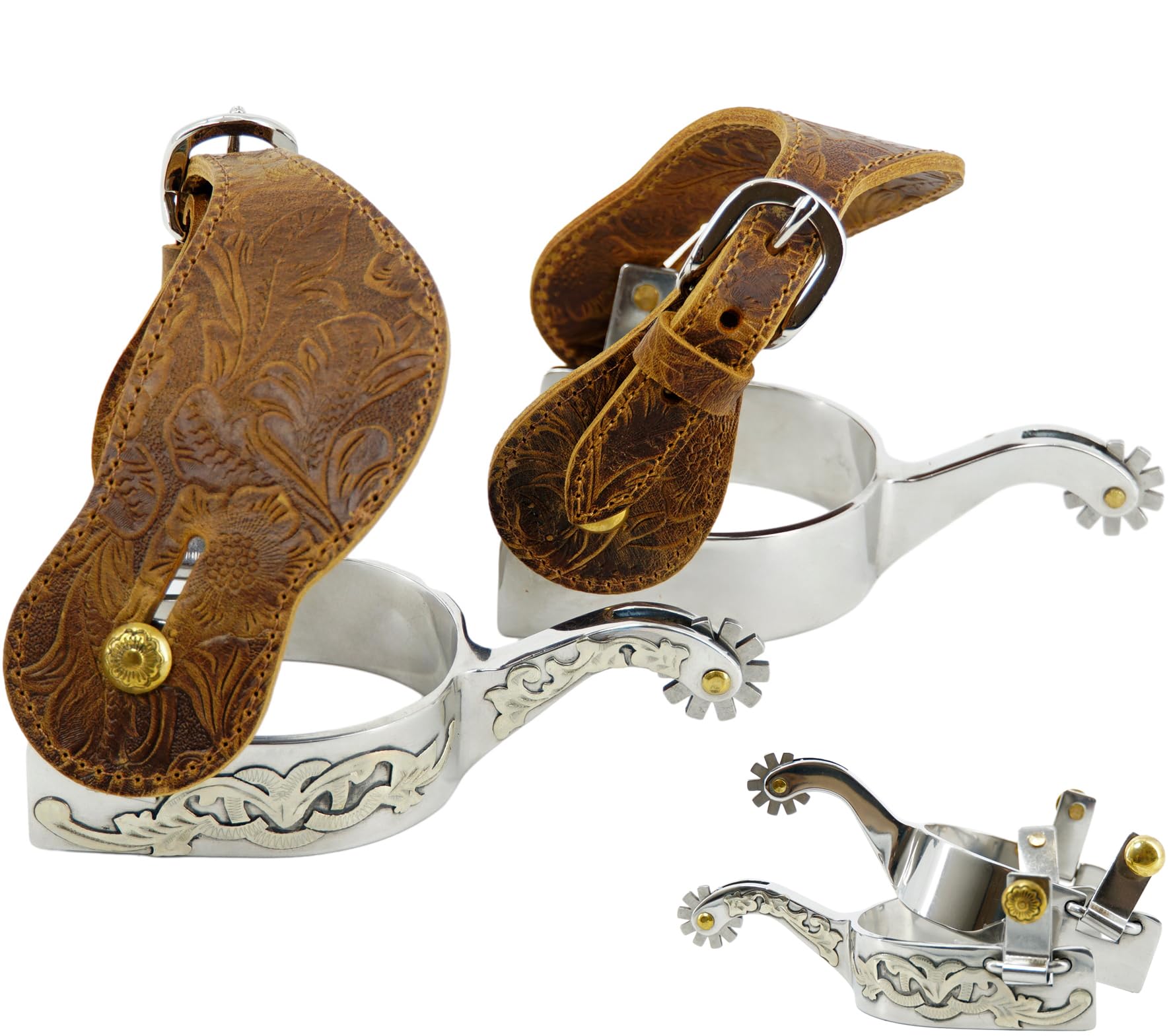 Jeereal Cowboy-Sporen für Herren, Edelstahl, mit Sporenriemen, gravierte deutsche Silberbesätze, Eisen, 2,5 cm Band, 5,4 cm Schaft