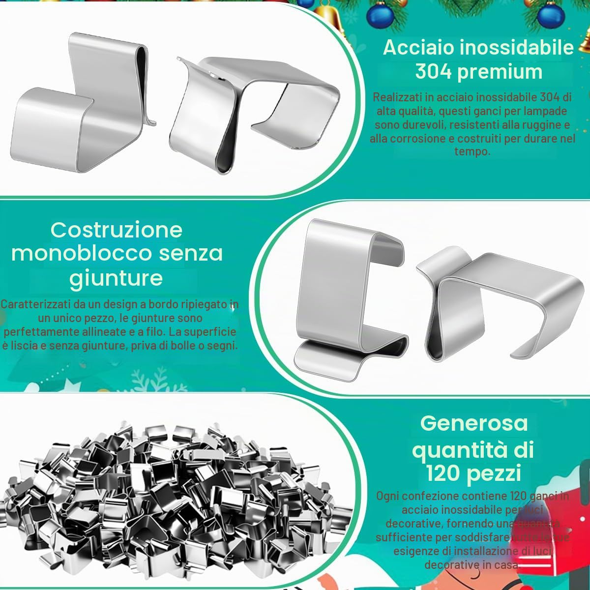 Ganci per Grondaie Luci di Natale in Acciaio Inossidabile 120 Pezzi, Clip per Luci Esterne