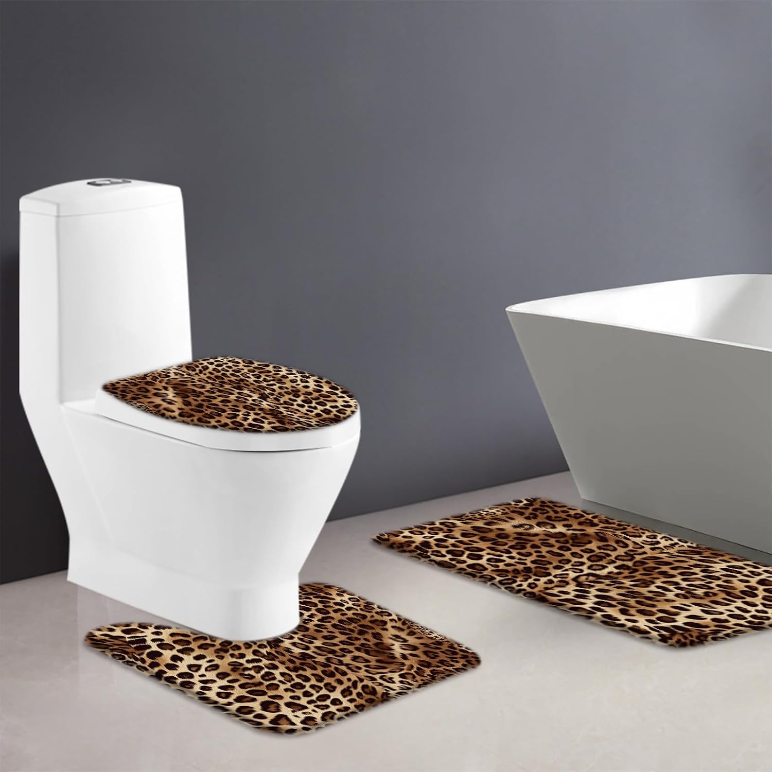 Leopard Print Bath Mat Cheetah Wild Safari Skin Powerful Animal Big Cat Panthera Wildlife Fur Modern Art 3 Piece Bathroom Mat Rug Sets,23.5"x35.5"Bath Mat,Toilet Seat Cover, U-Shaped Toilet