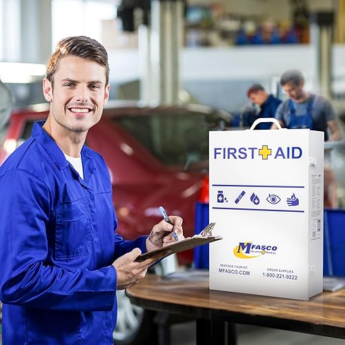 Miniatura 8 de MFASCO Kit de primeros auxilios de metal para el lugar de trabajo, gabinete de montaje en pared de 4 estantes con medicamentos, caja de primeros