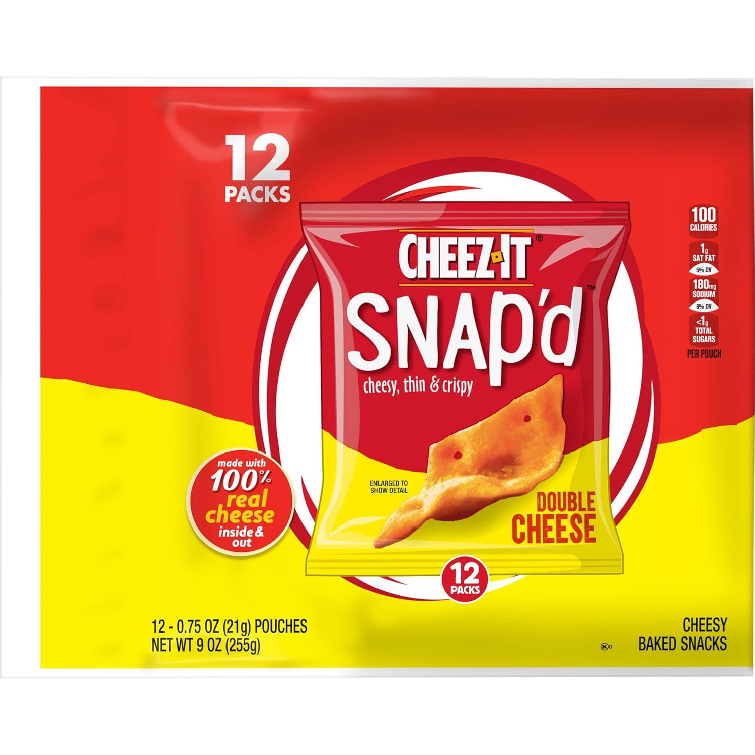 Cheez-It Snap'd Cheese Cracker Chips, Thin Crisps, Lunch Snacks, Double Cheese, 36oz Case (4 Bags)
