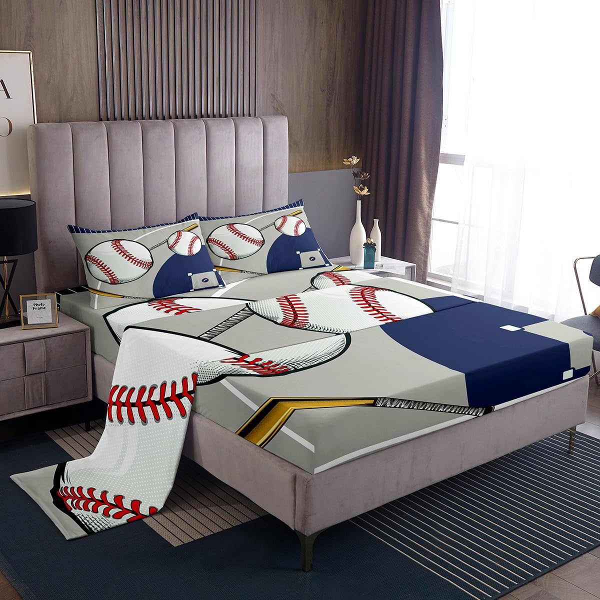 Baseball Sheet Set Queen Size Kids Baseball Court Sheets with Deep Pocket Fitted Sheet for Boys Girls Teens