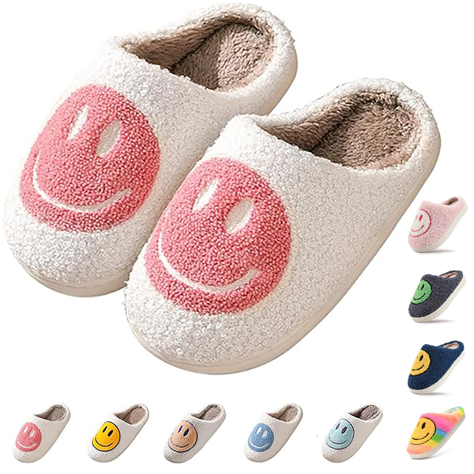 Cute Smile Face Slippers for Kids Girls Boys,Soft Plush Happy Face Slippers Non-Slip Toddler Warm House Slippers Little Kids Cartoon Smile Slippers Indoor Outdoor White Pink 3839