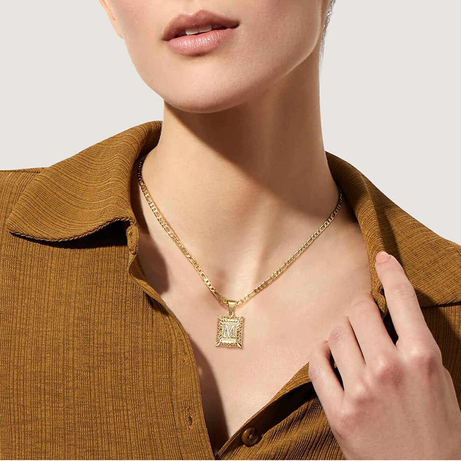 KissYan Initial Letter Pendant Necklace for Mens Womens, 14K Gold Plated Square Capital Monogram Necklaces Alhpabets from A-Z Figaro Chain Jewelry Gift - Image 3