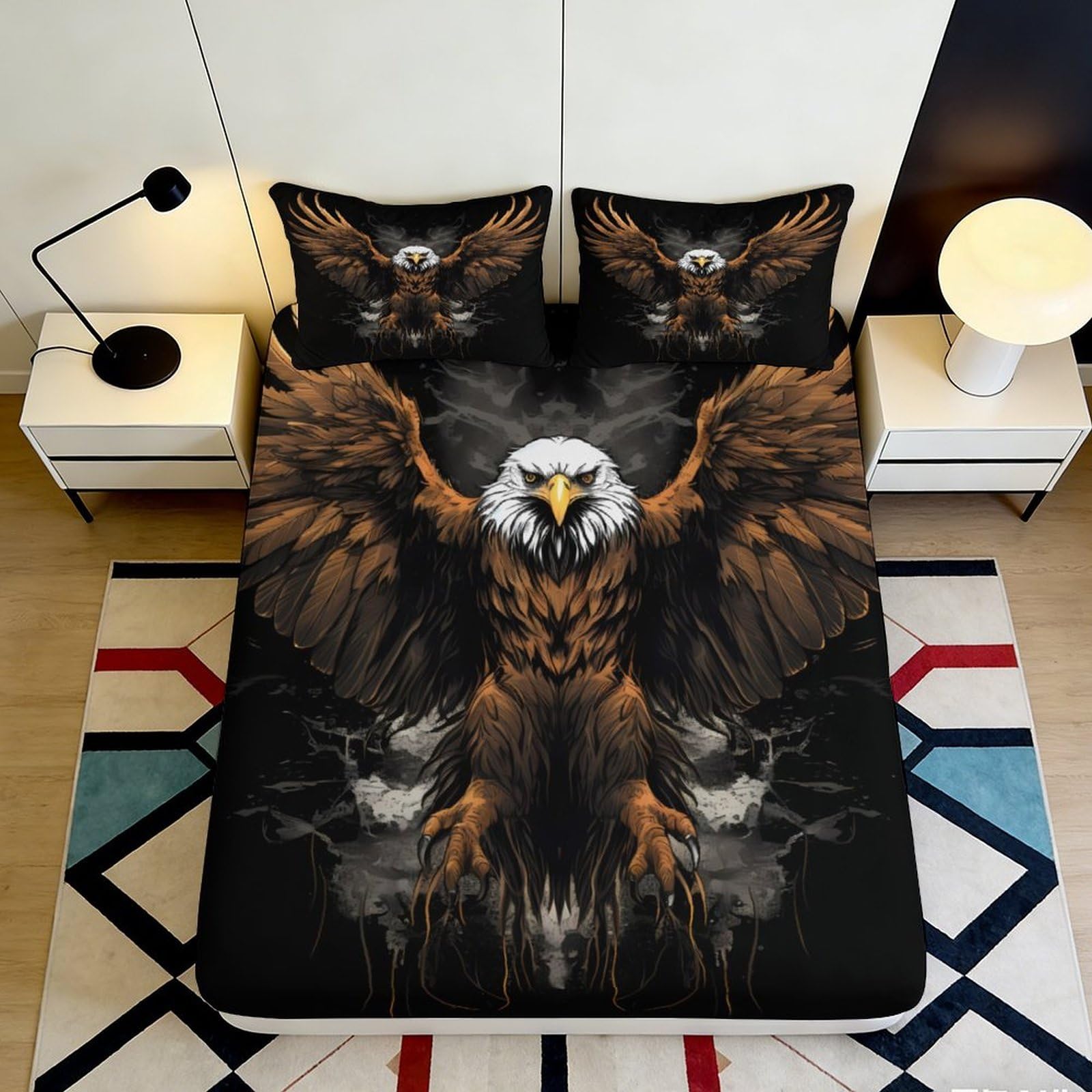 Pnayamiorkfel Style-10 3D Printed Bald Eagle Fitted Sheet Microfiber Deep Black Bed Cover Anti-Slip Washable For Bedroom Dorm Decor 90X200x25cm