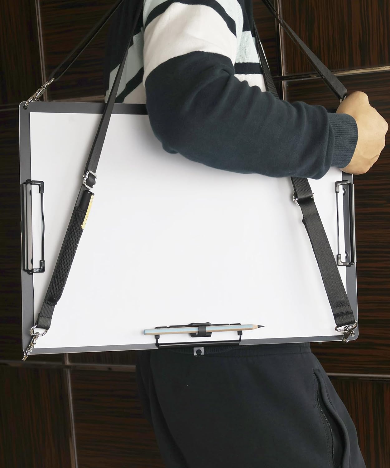 Three Clips Work Clipboards,Black Metal Aluminum Portable Field Clip Board,A3(12.6"X17.7") Heavy-Duty Large Clipboard with 2 Shoulder Straps