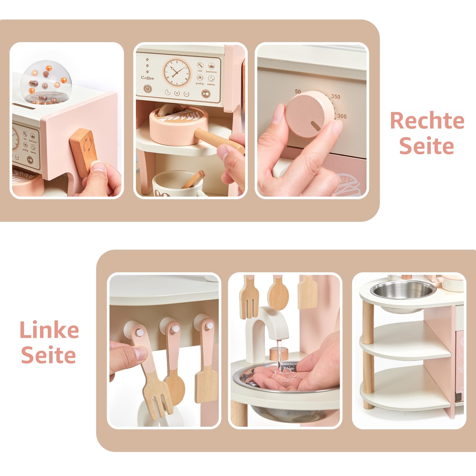 Kleinkind-Spielküche, Holzspielzeug, Kinderküchen-Spielset mit Kaffeemaschine, Spielfutter, Küchenzubehör, Kochset, Geschenk für Mädchen und Jungen, Alter 3, 4, 5, 6 Jahre