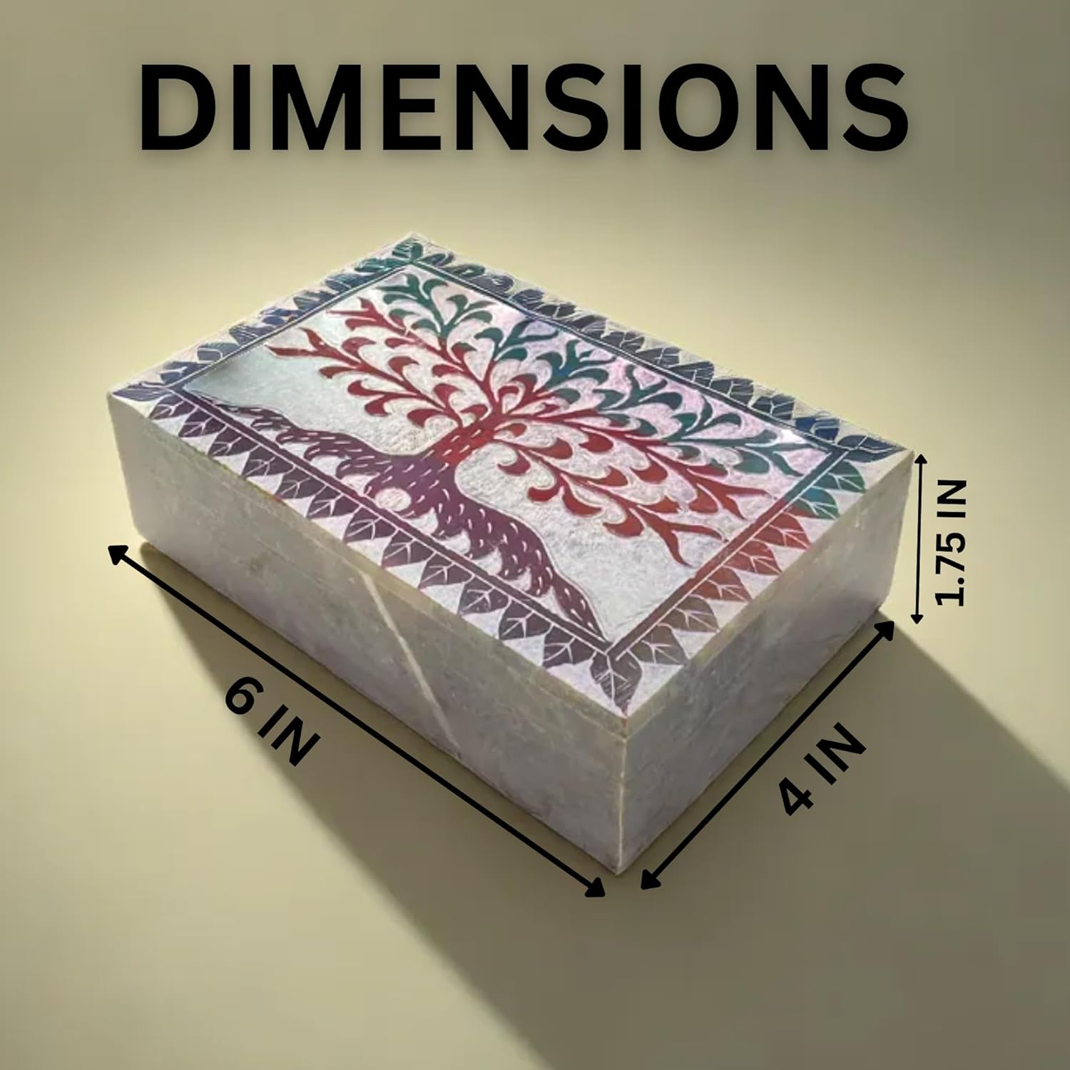 Hand Carved Marble Soapstone Square Shape Jewellery Box | Storage Organizer | Decorative Trinket Ornament Holder. (Multicolor, Length 6 Inch x Width 4 Inch x Height 1.75 Inch)