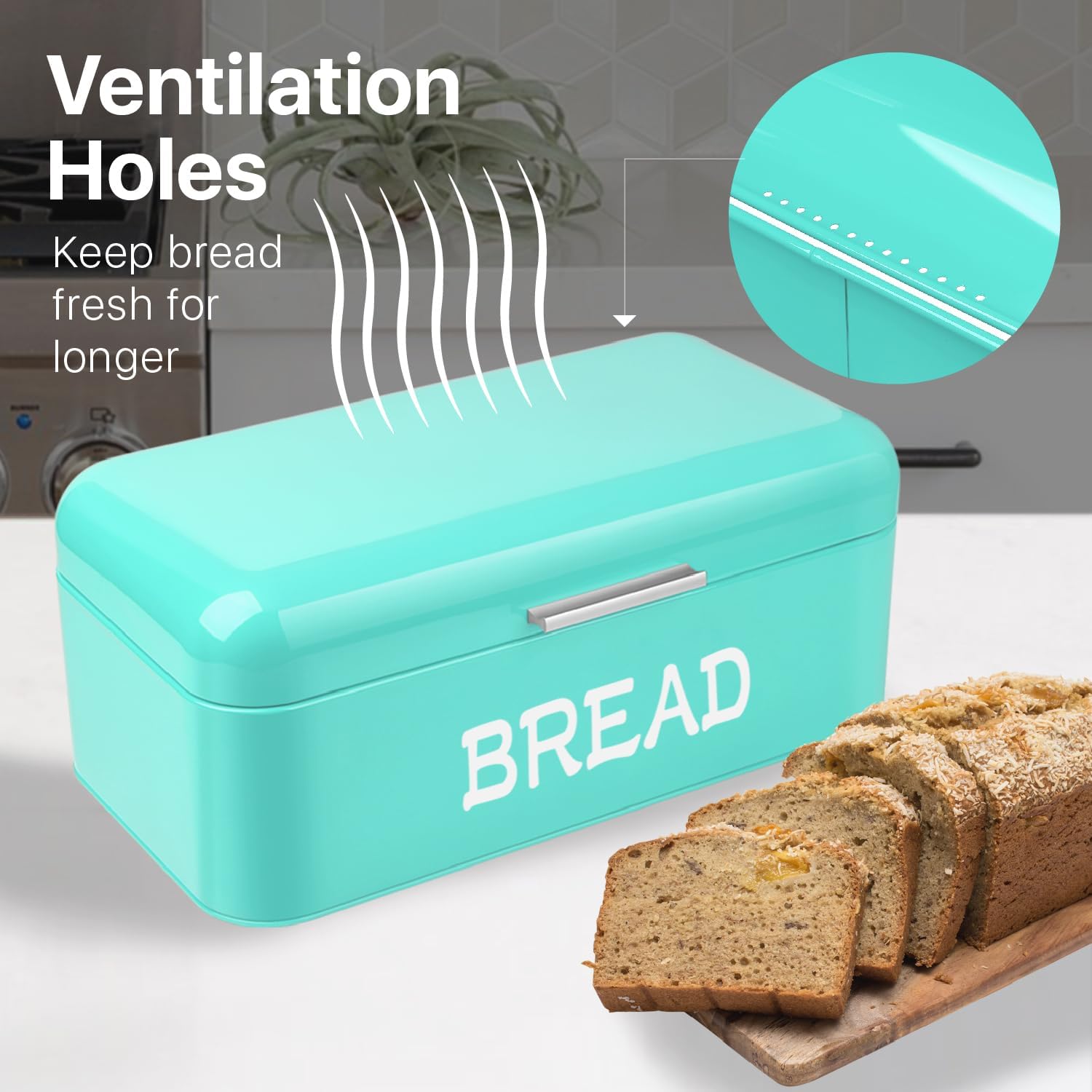 Flexzion Metal Green Bread Box for Kitchen Countertop, Vintage Bread Holder for Rustic Kitchen, Bagel Bin Loaf Storage Keeper, Sliced Bread Container with Butter Dish and Butter Knife