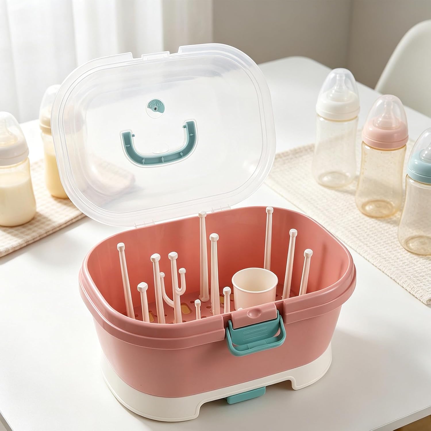 ERINGOGO Baby Bottle Drying Rack: Plastic Nursing Bottle Storage Box - Portable Case Organizer with Removable Drain Tray for Home & Travel Storage