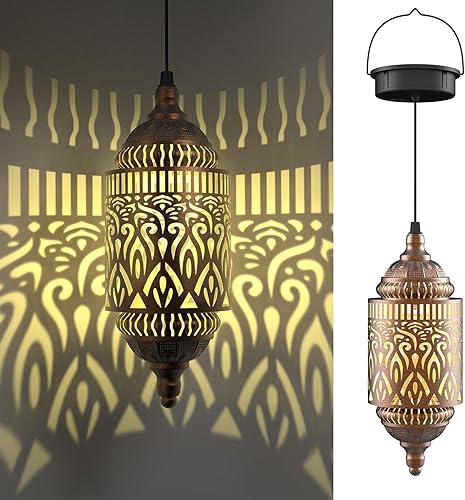 Vista 7 de Twinkya Luces solares colgantes para jardín al aire libre, farol solar impermeable, de metal, marroquí, decoración al aire libre para patio, camino