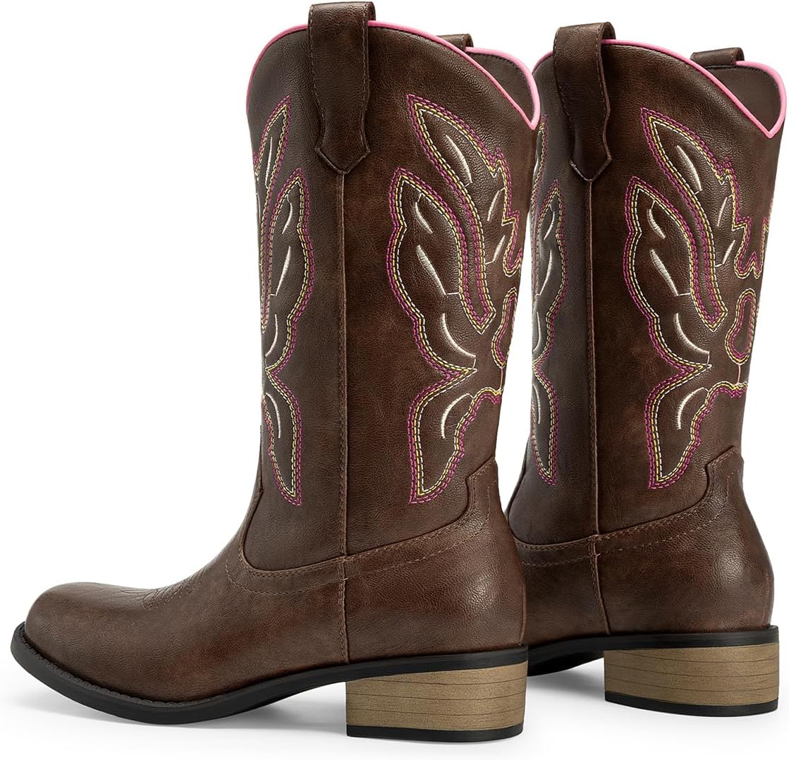 Athlefit Cowboy Cowgirl Boots for Women Mid Calf Square Toe Comfortable Pull On Chunky Heel Embroidery Western Boots - Image 4