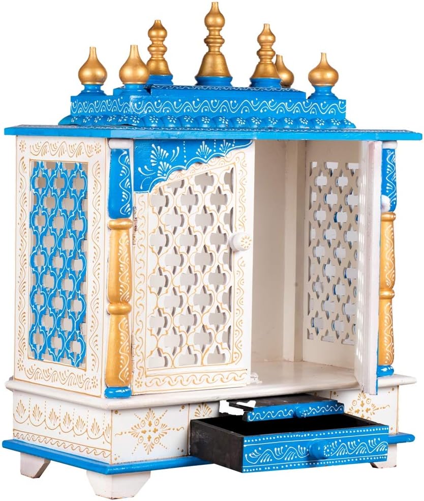 Wooden Temple Pooja Mandir for Home, White and Blue