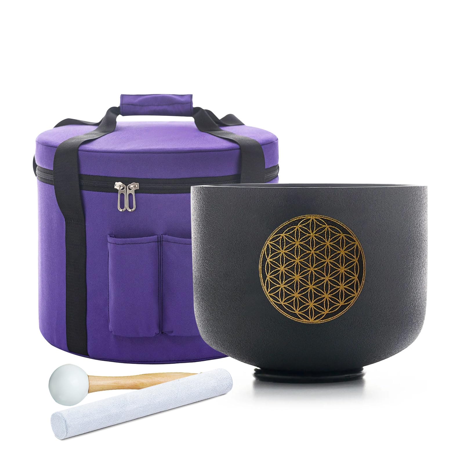 Hye-eun Campana tibetana in cristallo, 528 Hz, note C, 20 cm, nero, al quarzo, con design a fiore della vita, campana per meditazione, chakra, guarigione sonora coordinata, con borsa per il trasporto