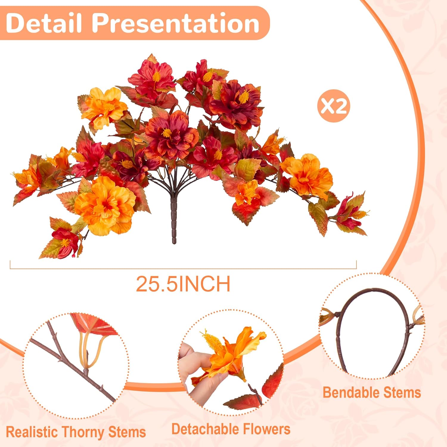 Fall Flowers Artificial for Outdoors Decoration, 2PCS Fake Fall Flowers for Outdoor Planters, Autumn Faux Hibiscus UV Resistant No Fade for Home Porch Patio Garden Balcony Yard Indoor Decor - Image 2