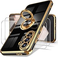 Dretal Samsung Galaxy A37 5G Case with 2 Tempered Glass Screen Protectors, 360° Rotatable Ring Kickstand, Gold Edge TPU Cover (Black)