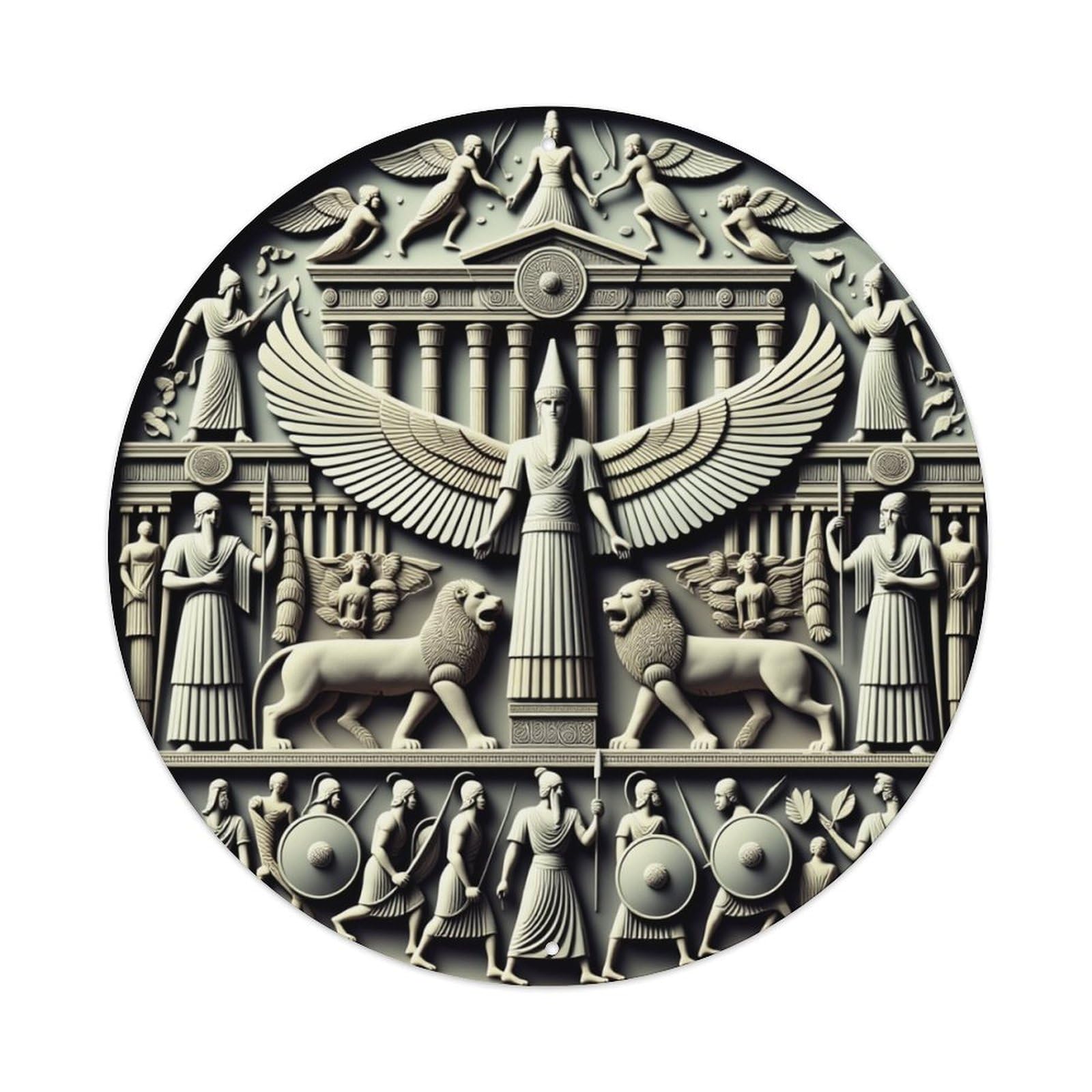 Ancient Relief Winged Goddess Lions Warriors Round Tin Sign Vintage Metal Poster, Home Bar Garage Man Cave Cafe Indoor & Outdoor Wall Decoration 8x8Inches