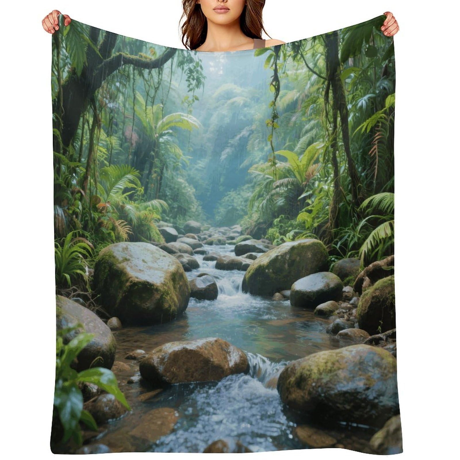 Rainforest Stream Beach Throw Blanket for Couch and Bed Super Soft Warm Lightweight Throw Blankets Cozy Fuzzy Flannel Blanket Personalized Decorative Blankets for Sofa Decor 60"x80"