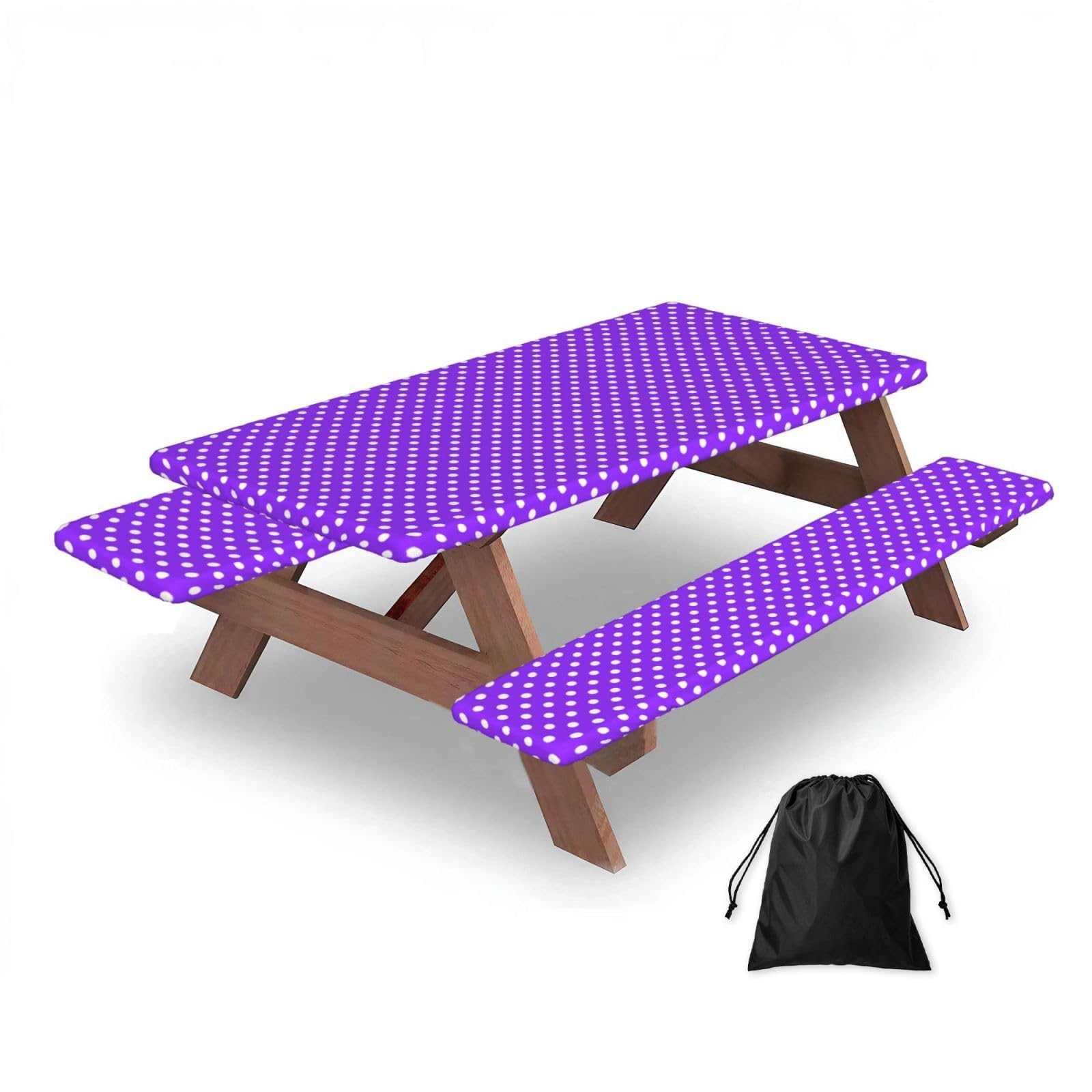 Dopklna As Picture Purple And White Polka Dots, Picnic Table Cover With Bench Covers -Waterproof Elastic Fitted Tablecloth For Garden Camping Patio 76X152cm