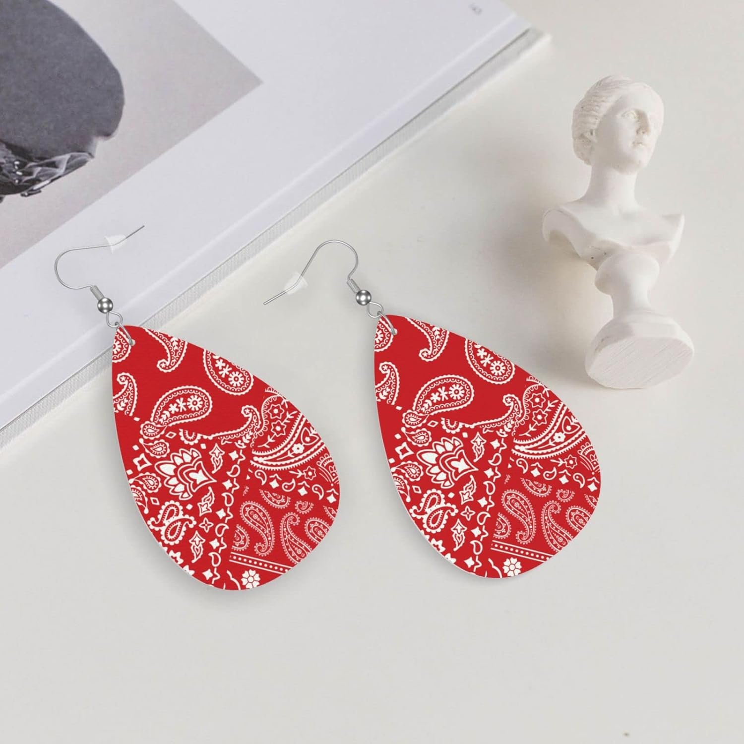 Red Bandanna Paisley Faux Leather Teardrop Earrings for Women Drop Dangle Earrings - Image 5