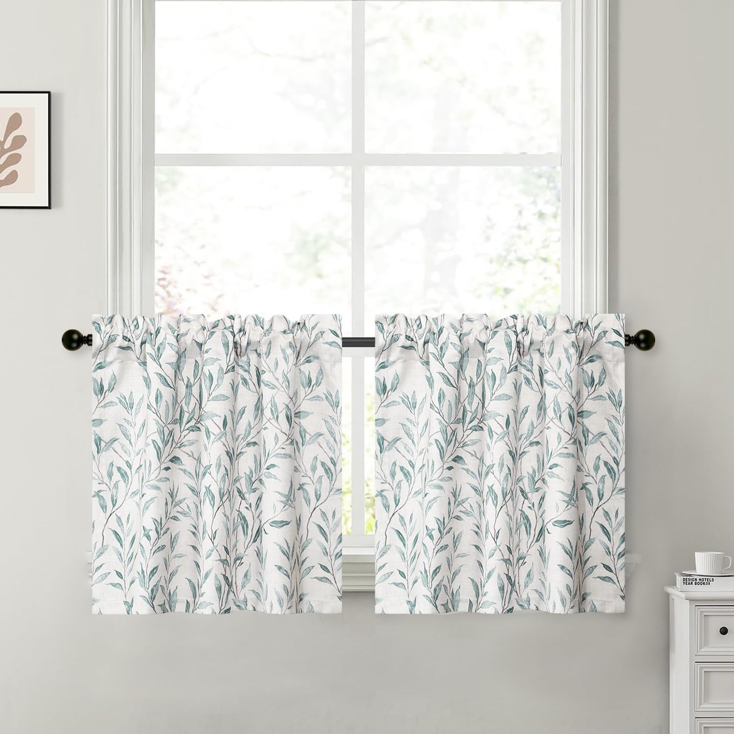 VOGOL Window Tiers Curtains 36 Inch Bundle with 12 x 20 Inches Lumbar Throw Pillow Cover, Modern Country Blue Leaves Farmhouse Sofa Throw Cushion Cover & Half Curtain Tier