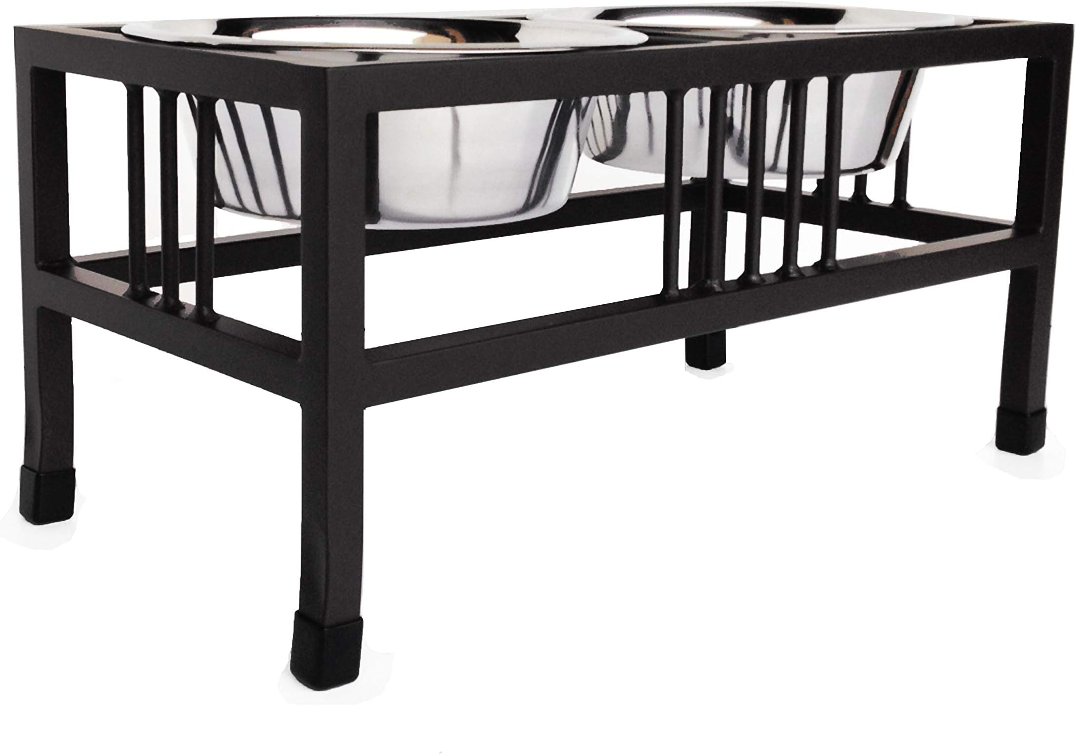 NMN Designs Baron Double Bowl Elevated Diner-Raised Dog Food Bowls with Tall Stand - Elevated Dog Feeder with Stainless Bowls-Standing Dog Bowl with Non-Skid Features-21"L x 10.5"W x 10"H, Black