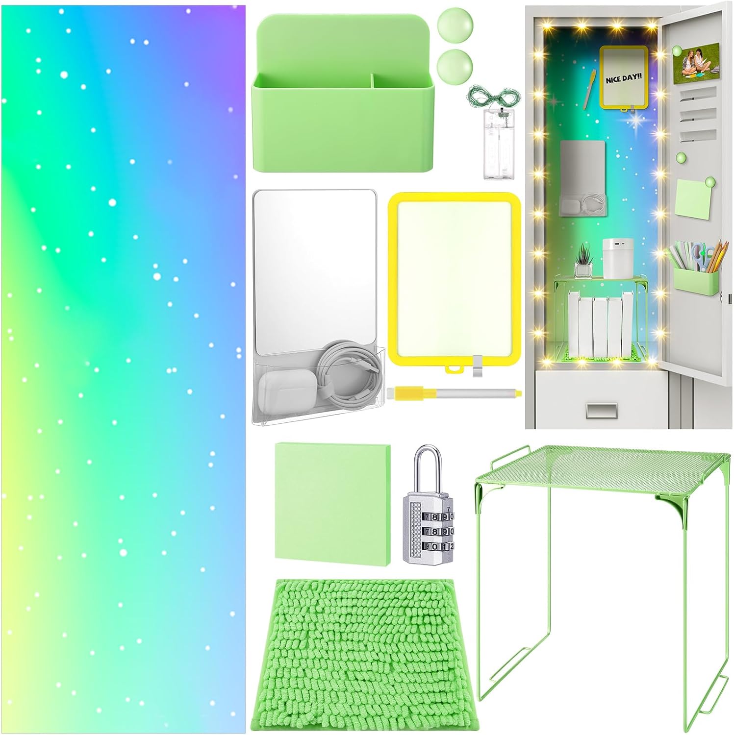 Colarr 19 Pcs Locker Accessories Kit Locker Stuff Back to School Essentials Magnetic Wallpaper Shelf Pencil Holder with Marker Mirror Rug Sticky Note Magnet LED Wireless Light Lock for Student(Mixed)