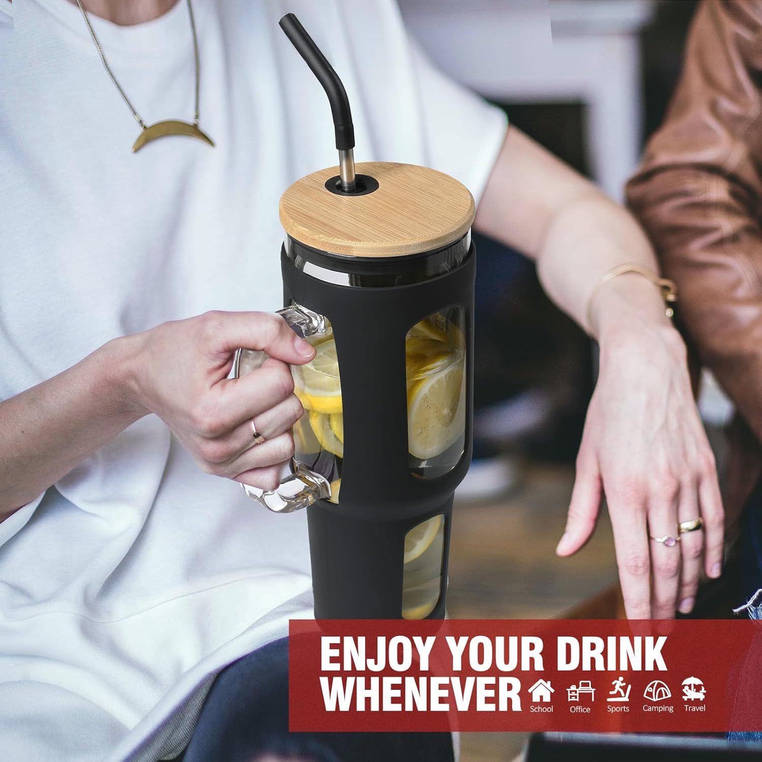 Glass Tumbler with Lid and Straw, 46 oz Iced Coffee Cup with Handle, Large Water Bottles with Silicone Sleeve, Glass Cup with Straws - Pearl Straw & Drinking Straw BPA Free-Black - Image 6