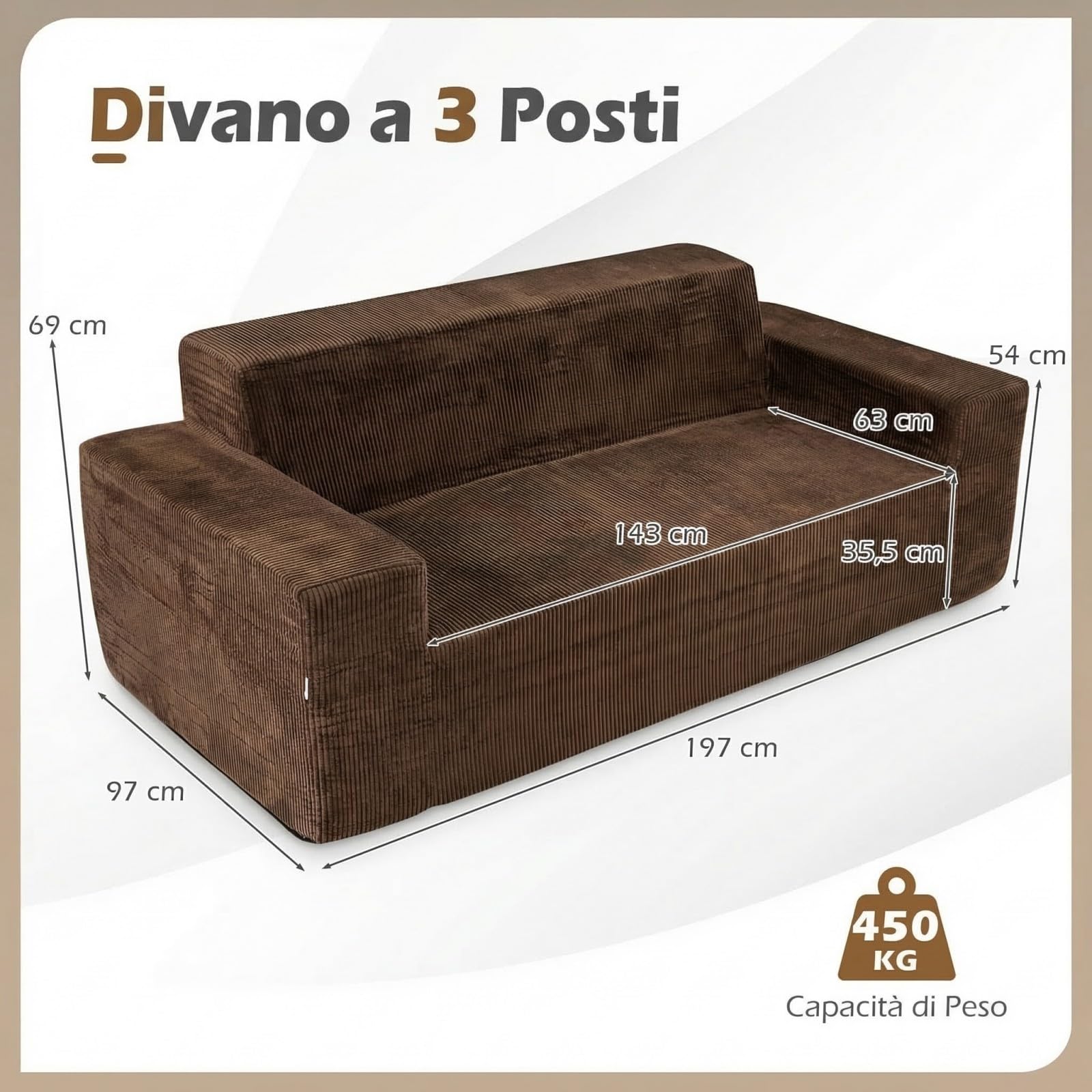 COSTWAY Divano a 3 Posti in Velluto a Coste, Divano Senza Ossatura con Schienale Alto, Braccioli Larghi e Seduta Profonda per Soggiorno, Appartamento e Camera da Letto, 197x97x69 cm