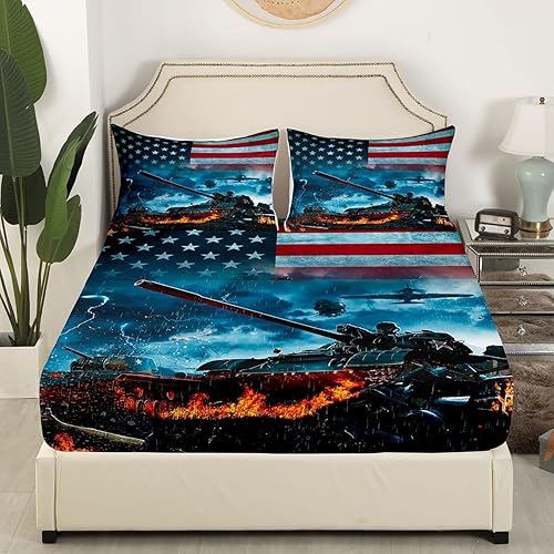 Miniatura 4 de Erosebridal Juego de sábanas con bandera estadounidense, juego de ropa de cama con pistola de tanque con temática militar, sábana bajera ajustable