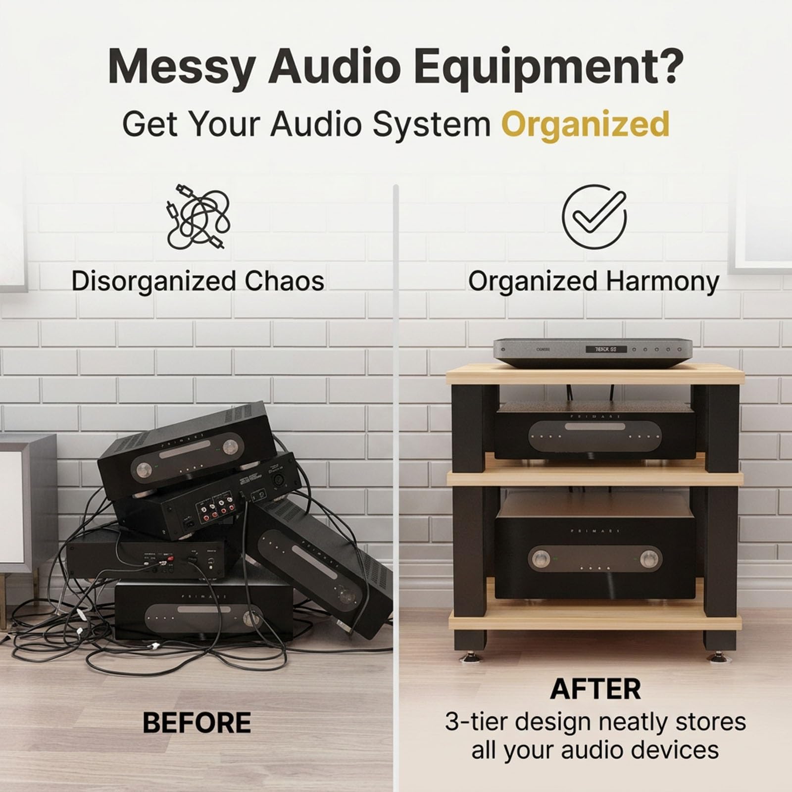 Audio Rack, Heavy Duty 1-4 Tier Stereo Rack with Shock-Absorbing Feet, Metal Frame Wooden Shelf Open AV Stand for Home Theater & Game Console Storage(Black,23.6x18.8x14.7in)