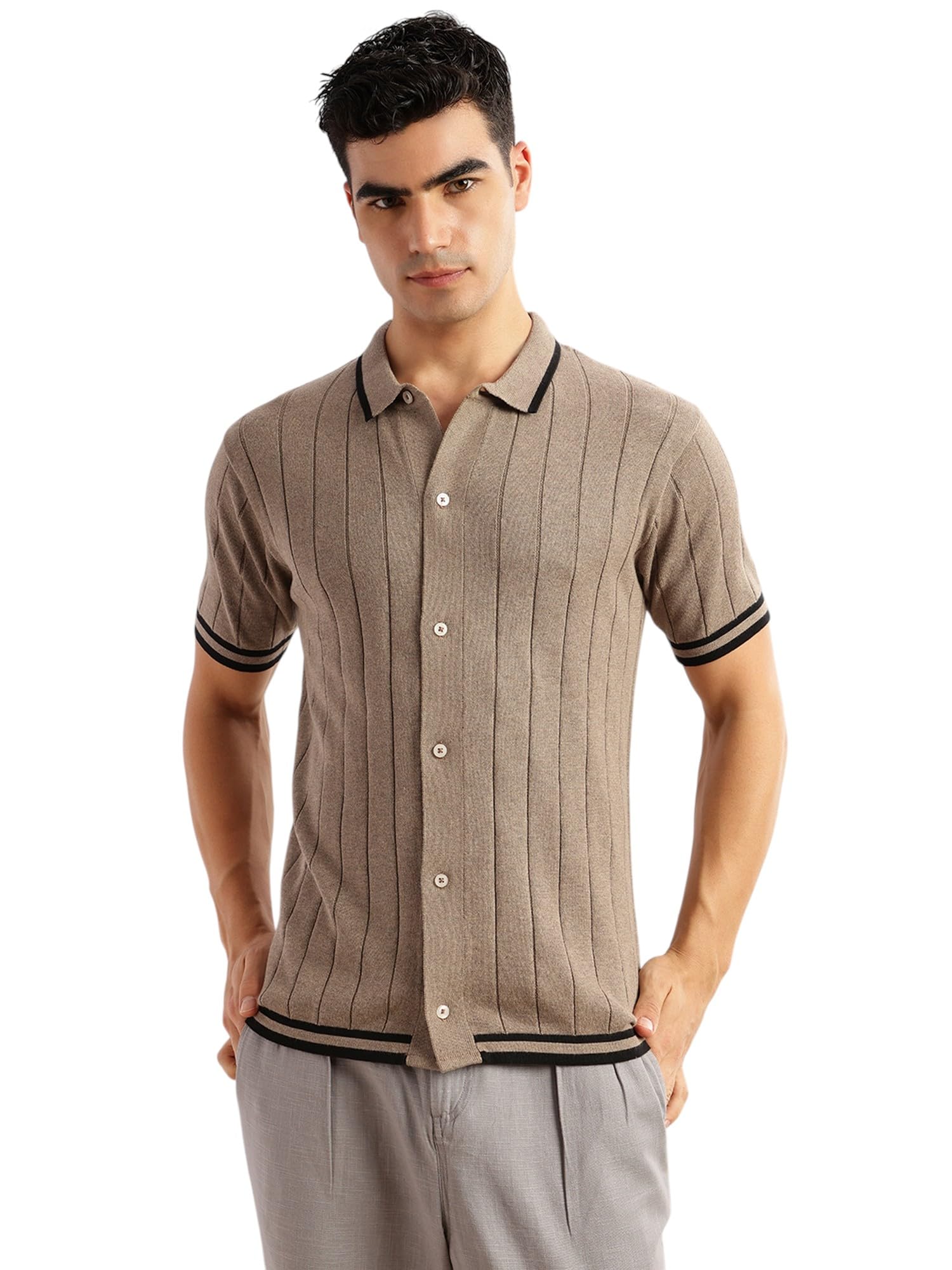 Men's | Regular Fit | Short Sleeves | Shirt Collar | Button Closure | Ribbed Hemline | Dry Clean | Striped | 100% Cotton | Knitted | Cardigan | Sweater