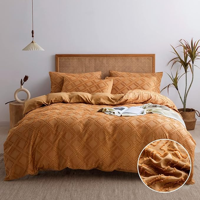JELLYMONI Duvet Cover King, Rust Microfiber Tufted Duvet Cover Set